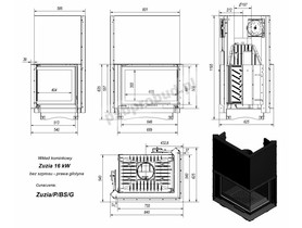 Wkład kominkowy Zuzia 16 kW gilotyna, boczna szyba (łączona bez szprosa) + dolot