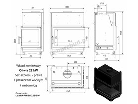 Wkład kominkowy Oliwia 22 kW z płaszczem wodnym, boczna szyba (łączona bez szprosa) z wężownicą + dolot