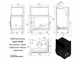 Wkład kominkowy Zuzia 19 kW z płaszczem wodnym, boczna szyba (łączona bez szprosa) z wężownicą + dolot